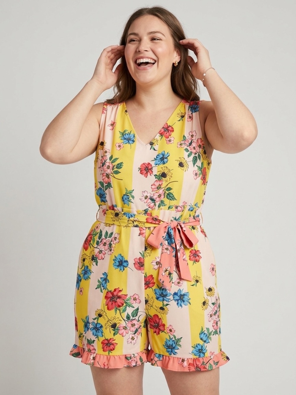 ECI Coral Floral V-Neck Romper with Tie Waist